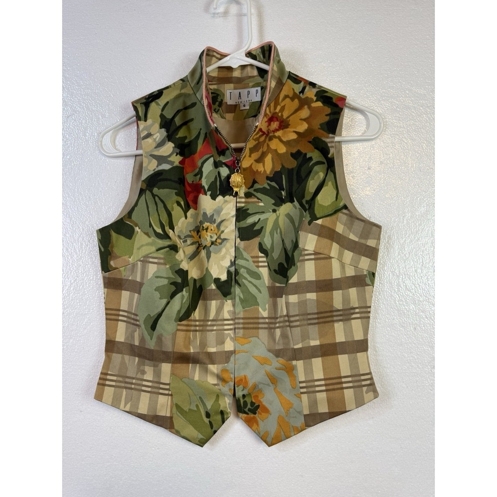 Vtg TAPP New York Women's Vest Size S Floral ZipUp Beetle Zip Pull Tailored USA